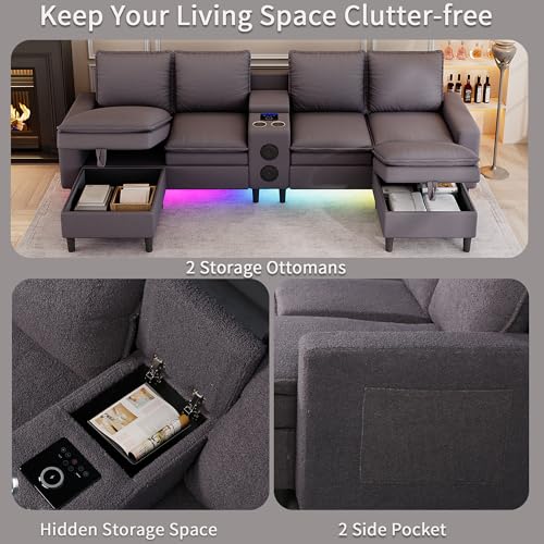 120" Sectional Sofa with Bluetooth Speaker, Wireless Charging & Storage