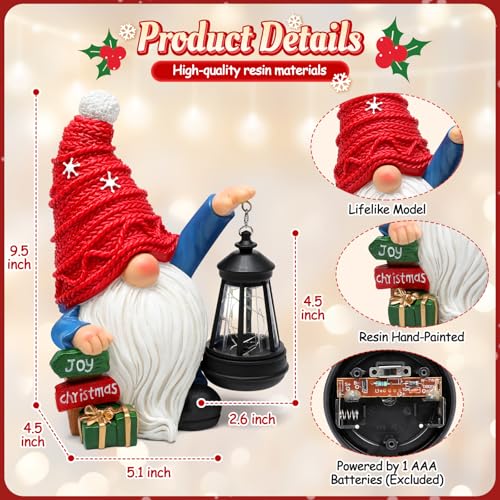 Aclema Christmas Gnome Statue with LED Lantern - Resin Holiday Decor for Indoor & Outdoor Festive Home Accents
