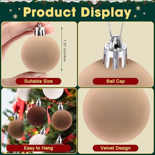 Beeveer 96 Pcs Velvet Christmas Ornaments 1.57'' Flocked Xmas Tree Balls in Khaki, Apricot, Dark Brown, White