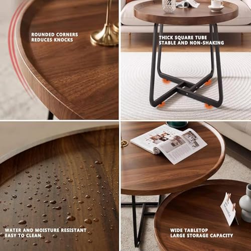 Round Nesting Coffee Table Set of 2, Walnut Wood Mid-Century Modern