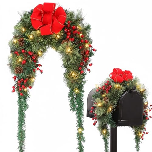 Suncalla 36-Inch Christmas Mailbox Swag Decor with Lights & Red Bow