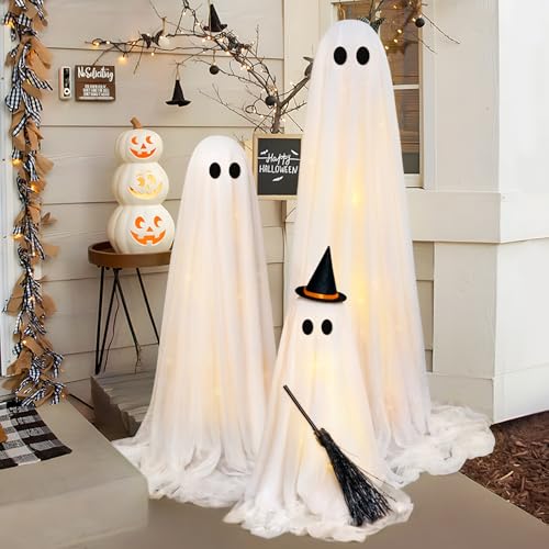 Set of 3 Light Up Ghost Halloween Decorations with Remote & Timer