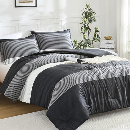 Black Striped Full Comforter Set - 3-Piece Soft Down Alternative Bedding