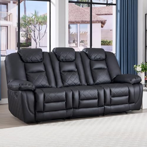 3-Seat Faux Leather Manual Reclining Sofa, Black Overstuffed Living Room Couch