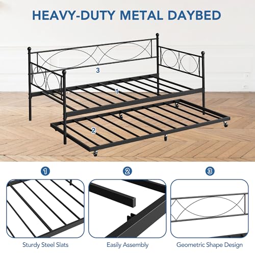 Metal Twin Daybed Frame with Wheeled Pull-Out Trundle & Steel Slats