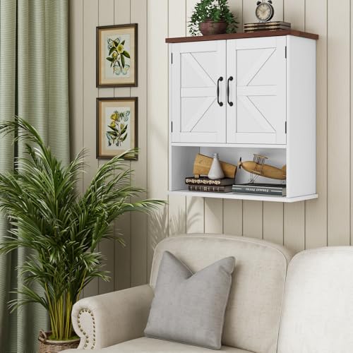 Small White Bathroom Wall Cabinet with Barn Doors - Farmhouse Style, Adjustable Shelf, Waterproof Storage