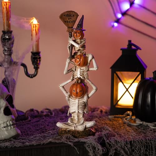 Stacked Jack-O'-Lantern Skeleton Halloween Decor with Trick or Treat Sign - 12.5"