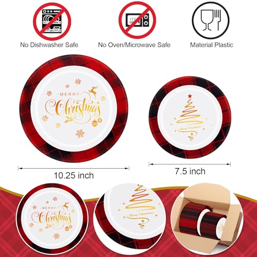 Vesici Black and Red 50 Pack Christmas Disposable Plates Buffalo Plaid 7.5 & 10.25 Inch