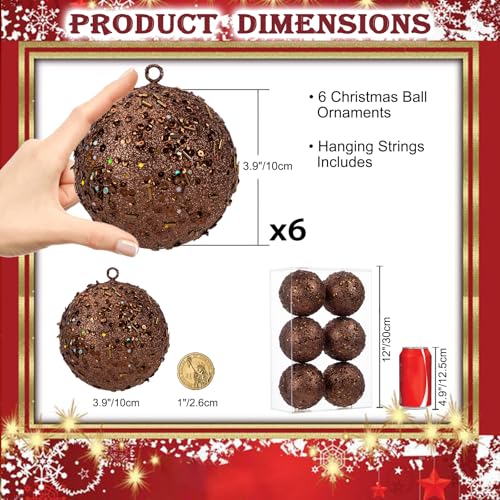 Oairse Bronze 4" Large Christmas Ornaments Set of 6 - Shatterproof Glitter Ball Bulk Xmas Tree Decor