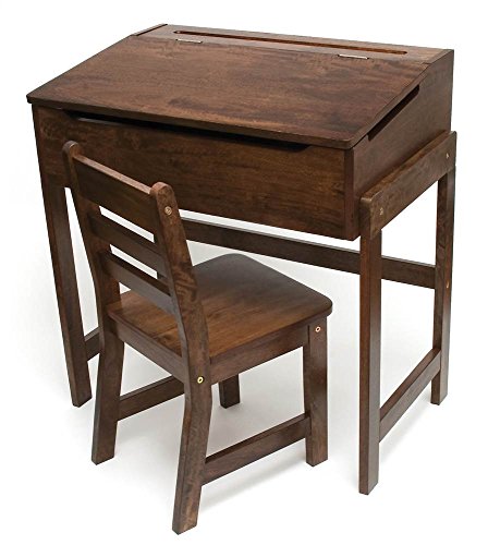Kids Slanted Top Desk and Chair Set with Chalkboard Surface, Walnut Finish