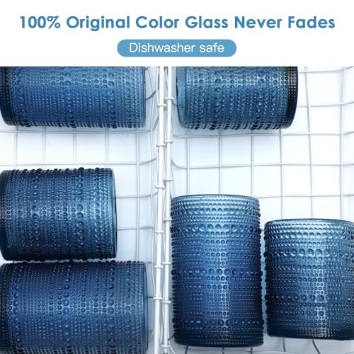 Blue 15oz Hobnail Drinking Glasses Set of 6 - Vintage Water Tumblers for Beer Juice & Mixed Drinks