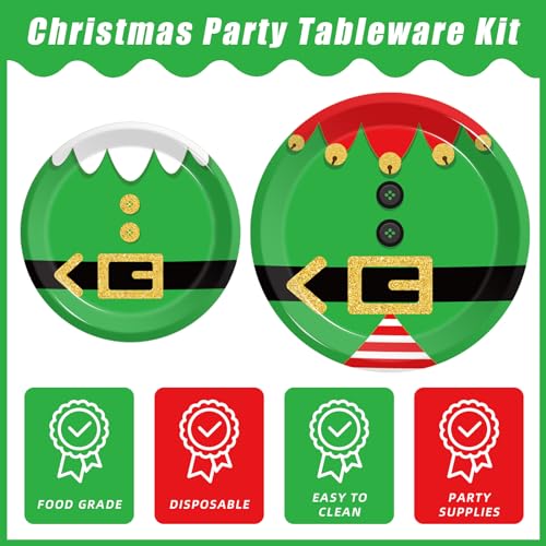 Elf Christmas Party Plates & Napkins Set (96Pcs) - Includes 24 Dinner Plates, 24 Dessert Plates, 24 Napkins & 24 Forks (Variation: Elf) - KEPEEL