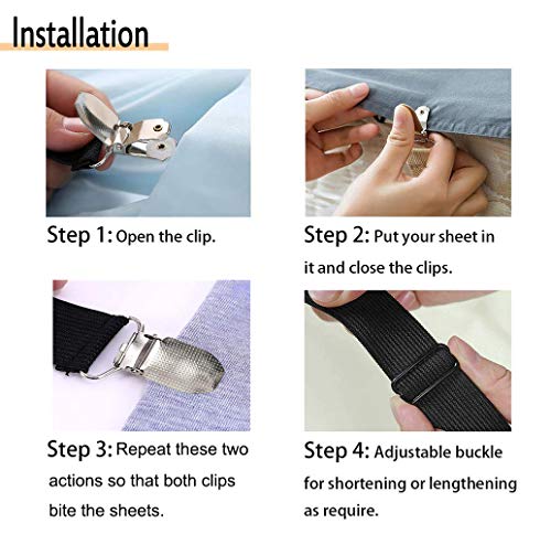 Adjustable Elastic Bed Sheet Straps & Fastener Clips, 8-Pack (Black)