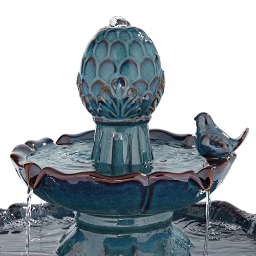 28-Inch Turquoise Ceramic 2-Tier Outdoor Fountain with Bird Statuettes