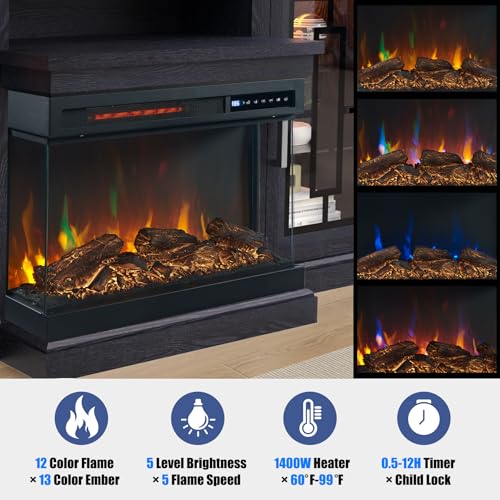59-Inch LED TV Stand with 3-Side Glass Electric Fireplace
