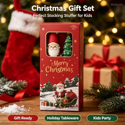 Christmas Gold Flatware Set 2 Pieces - Santa Spoon & Tree Fork with Silicone Handles