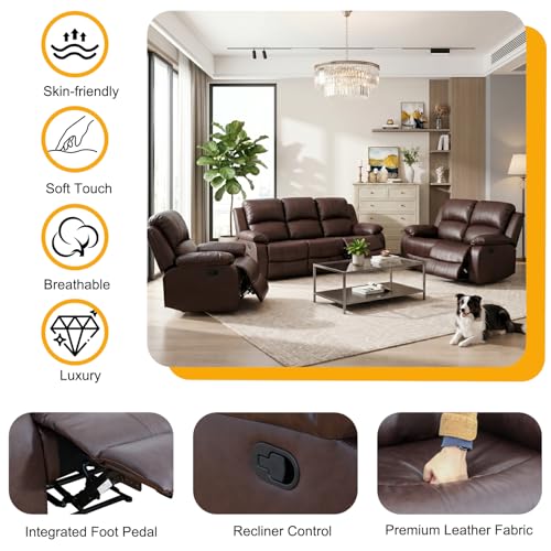 BrisaNube Brown 3-Piece Reclining Leather Sofa Set with 1 Seat, Loveseat & 3-Seat Couch