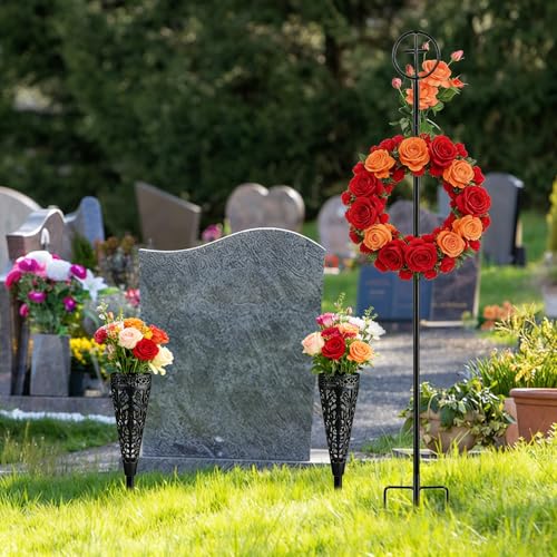 Adjustable Metal Cemetery Wreath Stand with Vases - 38" Grave Flower Holder