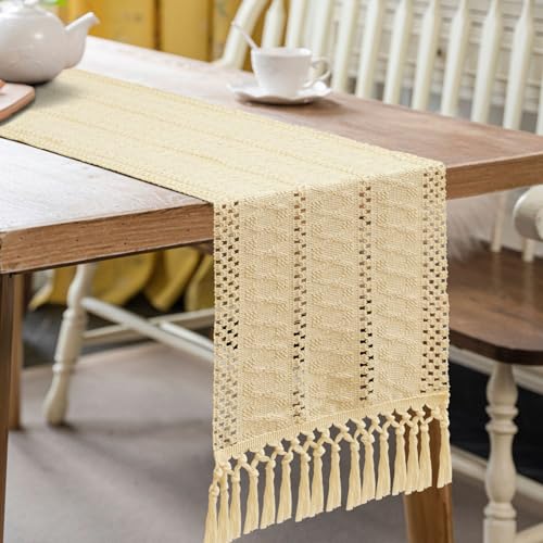 OTOSTAR Beige Macrame Table Runner 48 Inch Rustic Farmhouse Decor Tassels