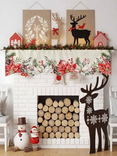 Dayforbarley Christmas Red Poinsettia Mantel Scarf 90x17 Inches with Beige, Green & Red Variation