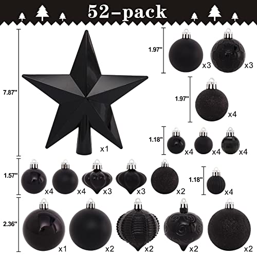 BSTDECOR 52-Pack Black Christmas Tree Ornaments with Star Topper - Shatterproof Holiday Decor
