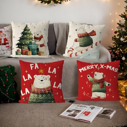 Christmas Polar Bear Pillow Covers Set of 4 18x18 Inches Holiday Home Decor