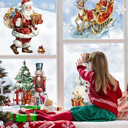 Christmas Window Clings 6 Sheets Santa Claus Snowman Nutcracker Reindeer Snowflake PVC - Reusable