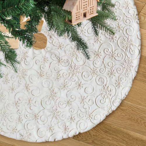 AtiMing White-Gold Sequin Christmas Tree Skirt 48 Inch Fur Holiday Decor