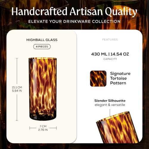 Joseph Sedgh Collection Tortoise Shell Highball Glass Set of 4 14.5 oz | Borosilicate Cocktail & Water Glasses