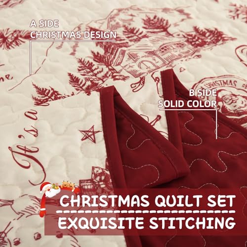 Red King Christmas Quilt Set with 2 Pillow Shams - Microfiber Holiday Bedspread