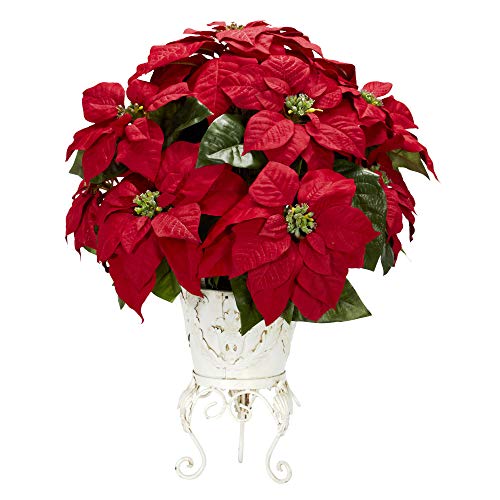 Nearly Natural 21-Inch Artificial Poinsettia Christmas Plant in Rustic Metal Planter