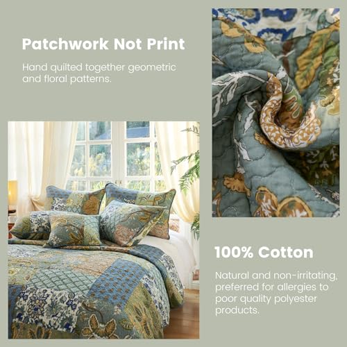 Secgo Queen Comforter Set 100% Cotton Sage Bedspread with Pillow Shams - Reversible Lightweight Bedding, 90x98 Inches