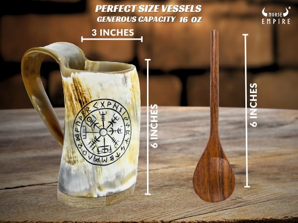 Norse Empire 5 Inch Viking Horn Mug - Handmade 12oz Medieval Norse Drinkware with Compass Finish, Perfect for Beer & Mead Gift