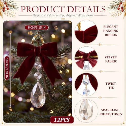 Riceshoot 12 Pcs Burgundy Velvet Bow & Crystal Christmas Ornaments (Variation: Burgundy)