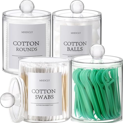 4 Pack Clear Bathroom Canister Set with Lids and Labels for Q-Tips and Cotton Rounds