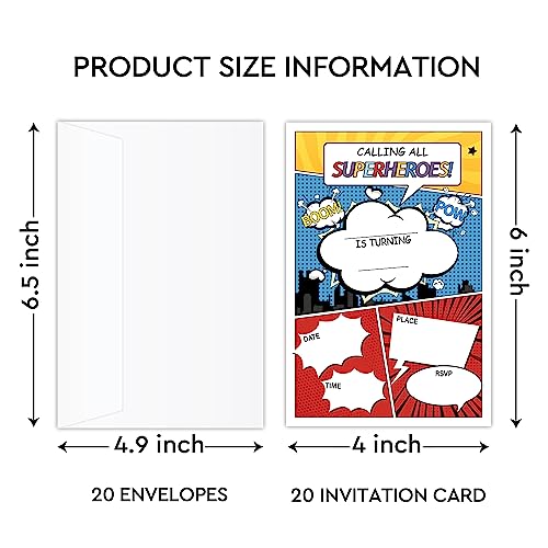 Superhero Birthday Party Invitations for Kids - 20 Pack with Envelopes
