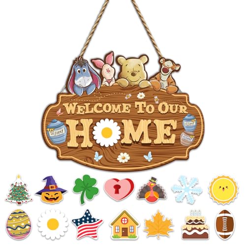 Winnie Welcome Sign for Door Decor with Interchangeable Seasonal Signs - Winnie the Pooh Front Door Welcome Gift (Variation: welcome-sign-Winnie)