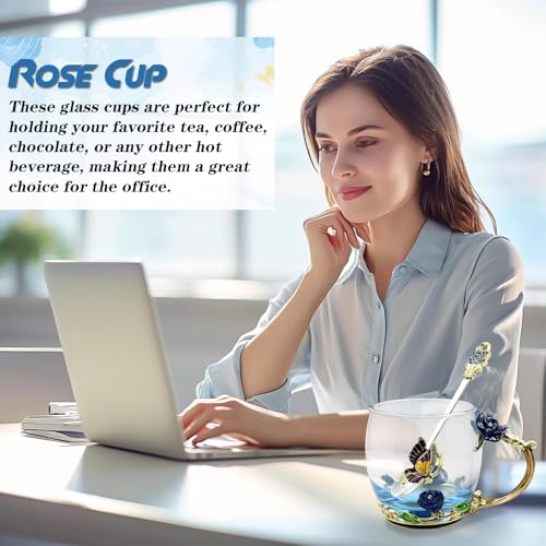 VANUODA Blue Enamel Butterfly Flower Tea Cup - 12oz Glass Coffee Mug for Women & Gifts