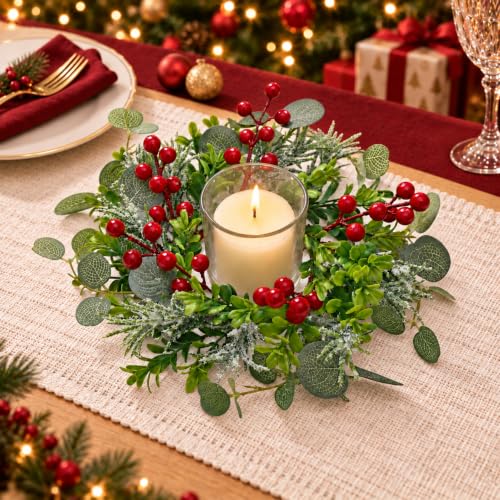 TOCHGREEN 8PCS Mini Christmas Candle Ring Wreaths - 9in Outer, 3in Inner Diameter