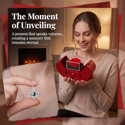 Preserved Real Rose Gift Box with 100 Languages Projection Necklace