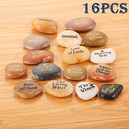 16-Piece Names of Jesus Engraved Natural Palm Stones, Inspirational Rocks