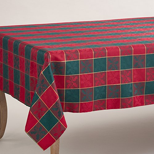 SARO LIFESTYLE Royal de Noel Plaid Tablecloth 65 x 90 in Red/Green with Gold Detail