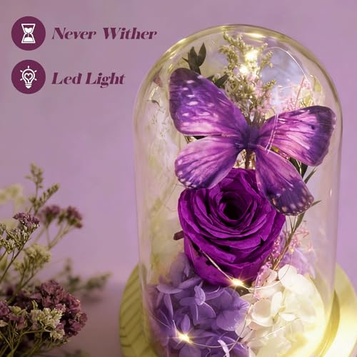 Preserved Purple Rose in Glass Dome with LED Light, Romantic Gift for Her