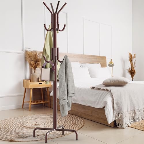 Standing Coat and Hat Rack, 12-Hook Metal Organizer, Bronze Finish