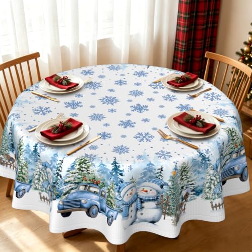 Blue Snowman Round Christmas Tablecloth 60x60 Inch Waterproof Holiday Decor