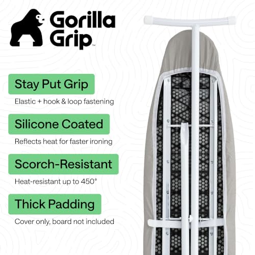 Gorilla Grip Ironing Board Cover - 15x54 Heavy Duty Silicone Coated Pad with Fastener Straps