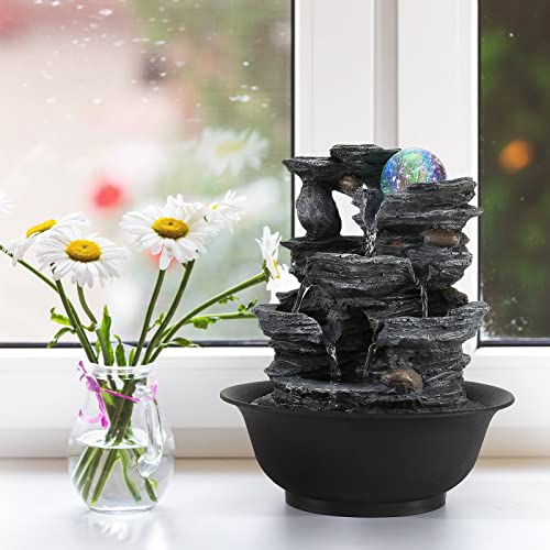 Tabletop Water Fountain with LED Light & Rolling Ball - Quiet Indoor Waterfall