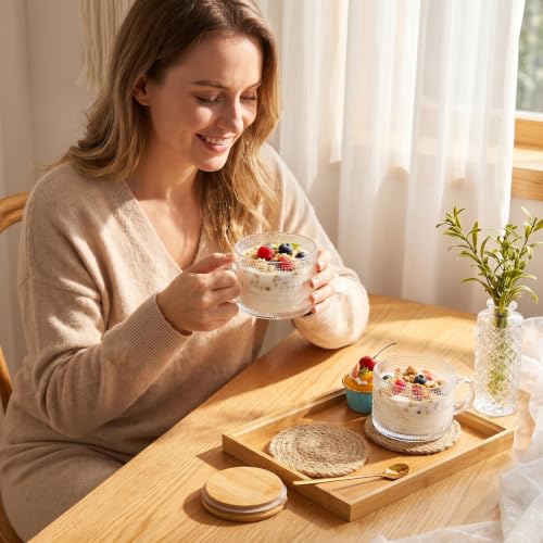 Icesip Hobnail Glass Mugs Set of 6 with Bamboo Lids & Spoons - 14oz, Sunflower & Hobnail Design