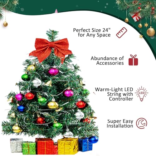HUAERYOUYUE 24 Inch Dark Green Mini Christmas Tree with LED Lights & Ornaments
