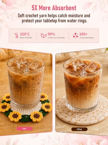 Sunflower Crochet Flower Coasters 4-Piece Set - Cotton Home Decor Gift